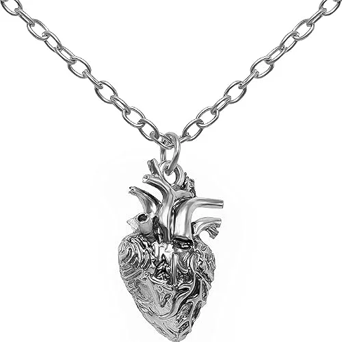 Three-dimensional anatomical human heart pendant in stainless steel on a chain, medical anatomy gothic jewelry