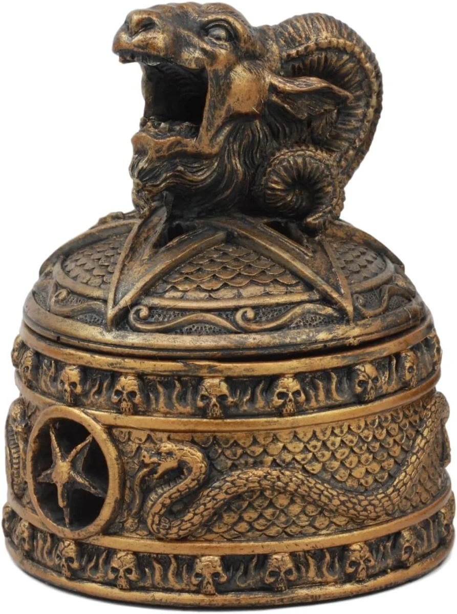 Molded Baphomet figurine with pentagram design, backflow incense burner with concealed jewelry compartment, product photo