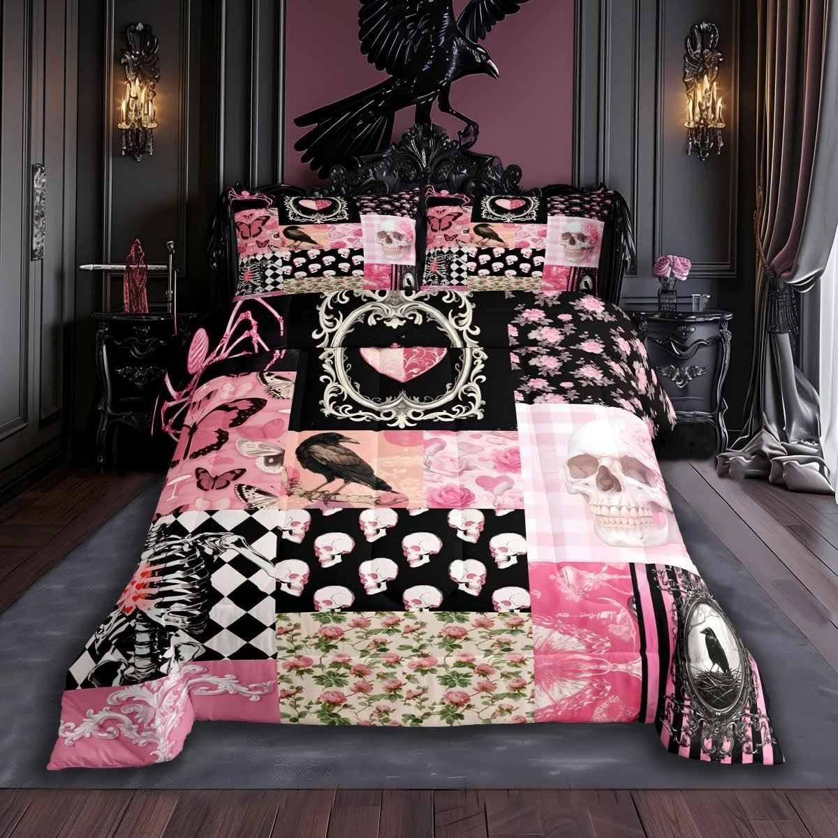 Queen-size gothic-boho comforter set printed with crows, sugar skulls, roses, and spiders on a pink-and-black patchwork grid ground — Halloween decor bedding pitched for kids, girls, and teens