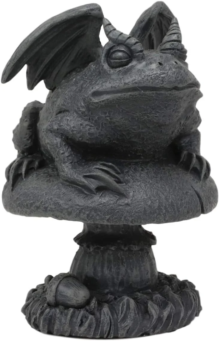 Resin gargoyle figurine in toad-frog form with horns and wings, crouching on a toadstool mushroom base, 5 inches tall