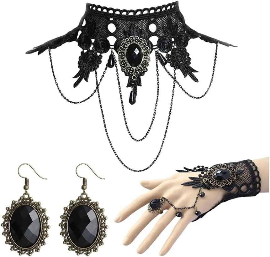 Four-piece gothic costume jewelry set with a black lace choker necklace, matching earrings, bracelet, and ring, styled for witch or vampire outfits