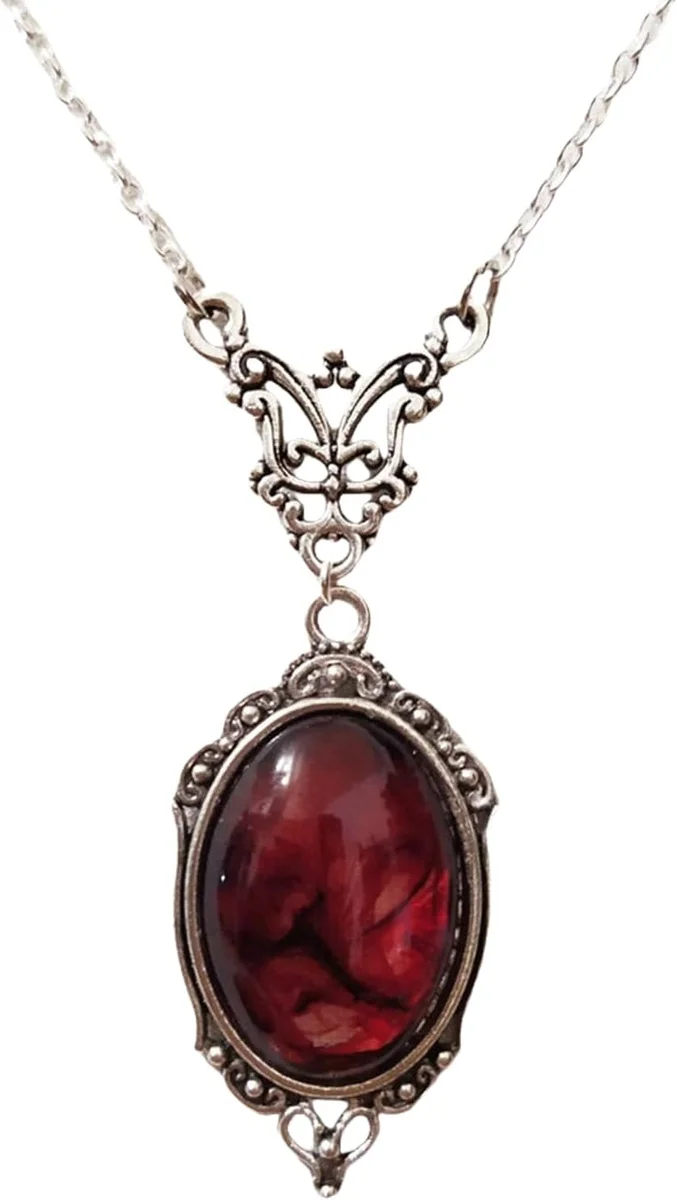 Gothic vampire cameo pendant necklace with crystal accents, satanic demon theming, and red colorway