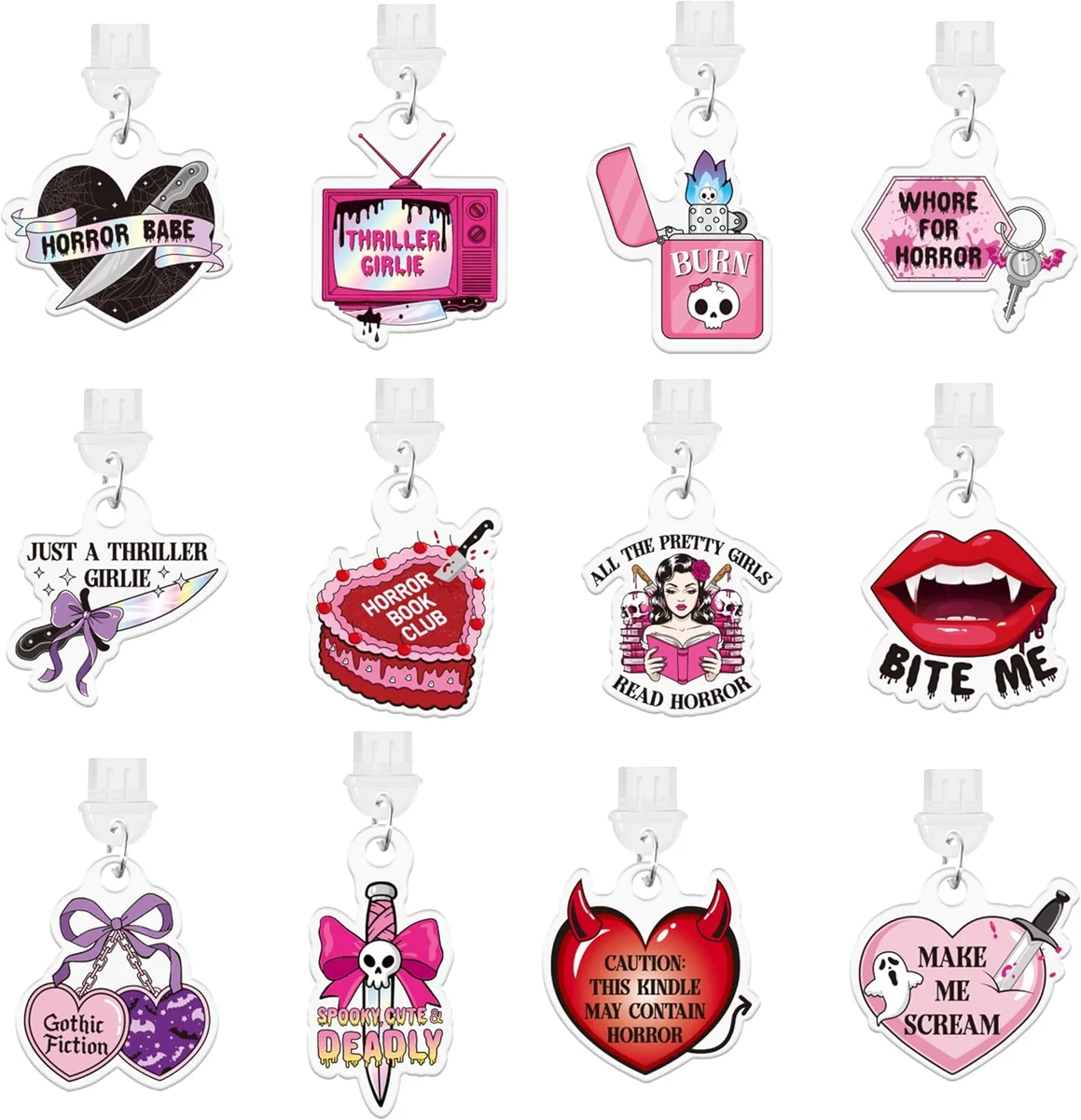 Twelve pink and gothic-themed silicone dust plug charms for type-C charging ports, 12-piece set