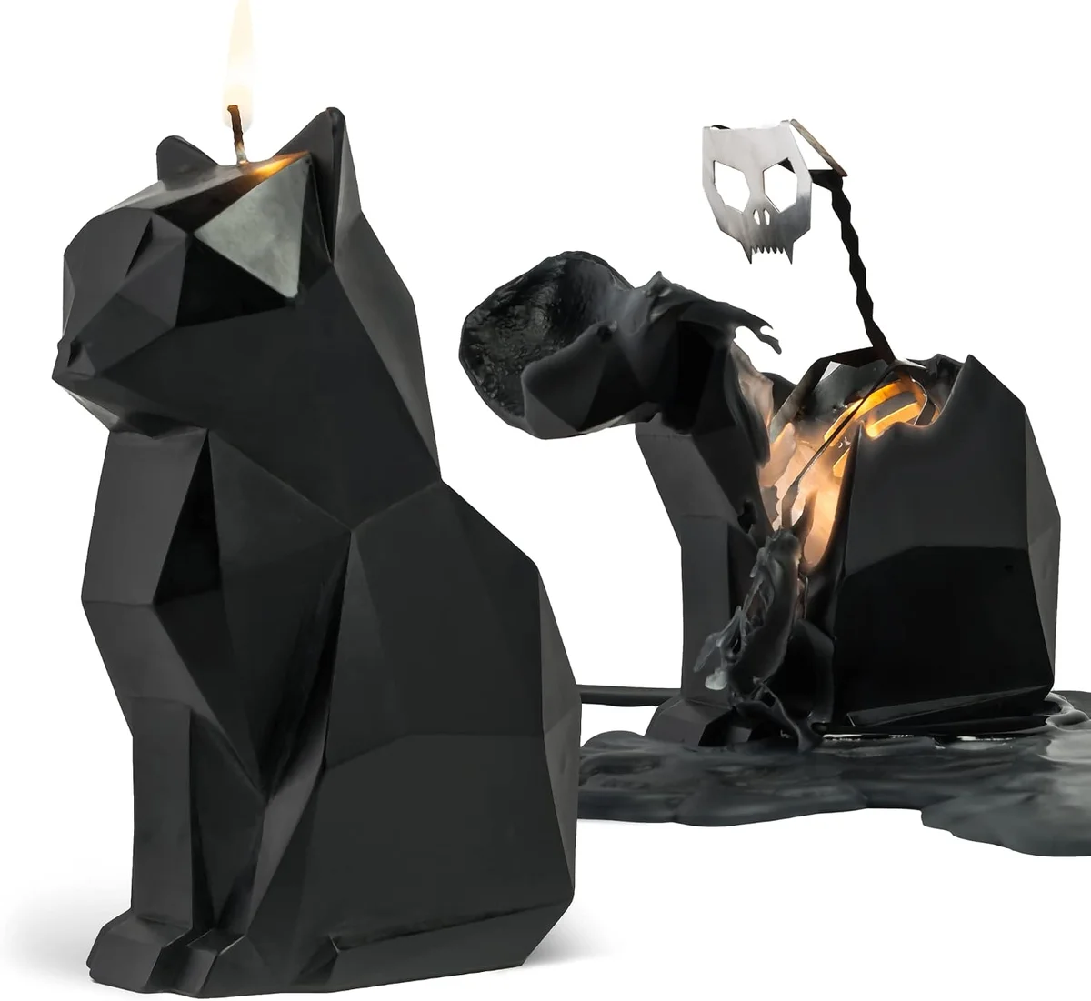 Black sculptural cat candle with skeleton visible inside, geometric form, product photo