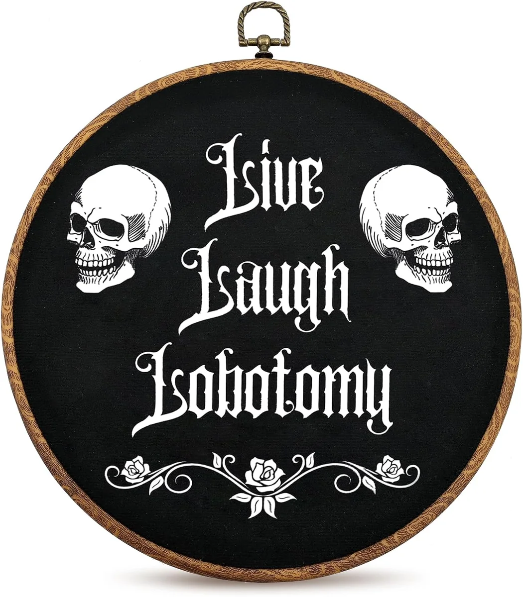 Gothic 'Live Laugh Lobotomy' wall sign, dark humor wall decor product photo