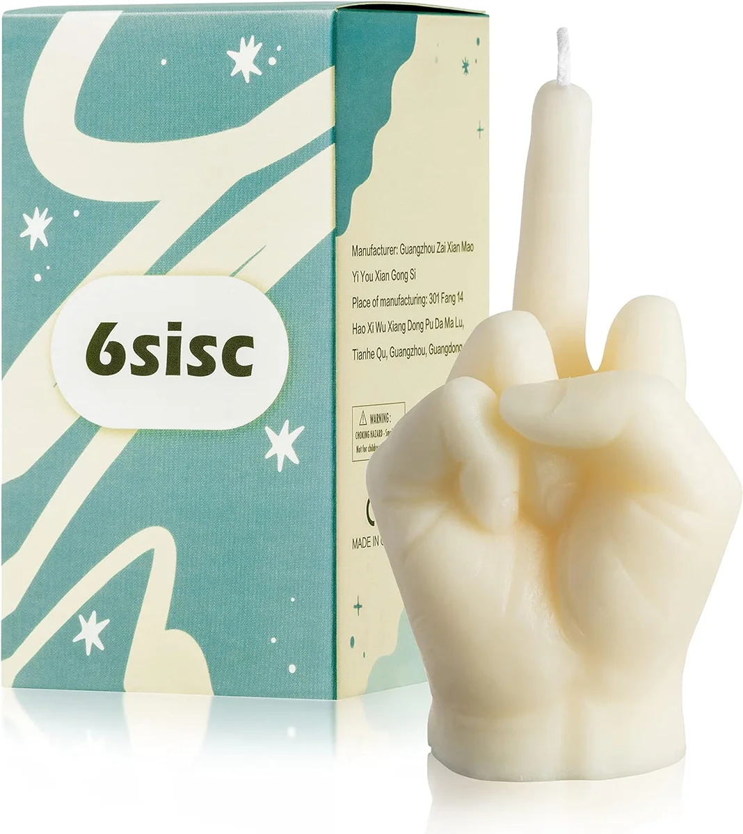 Milky white soy wax candle sculpted in the shape of an upright human hand throwing the middle finger, sold as a pine-scented novelty desk ornament