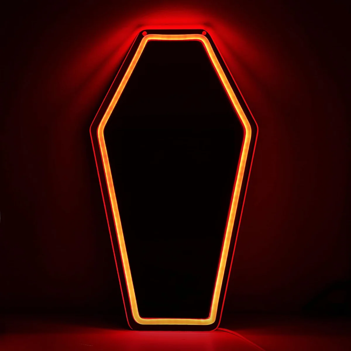 Coffin-shaped wall mirror with LED neon backlighting, 16.9" × 9.6" wall art decor