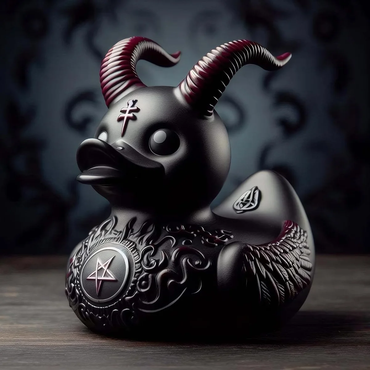 Small resin and vinyl duck figurine sculpted as a satanic punk collectible — edenfuax garage-kit-style Satan Duck ornament pitched for desktop and Halloween gothic decor