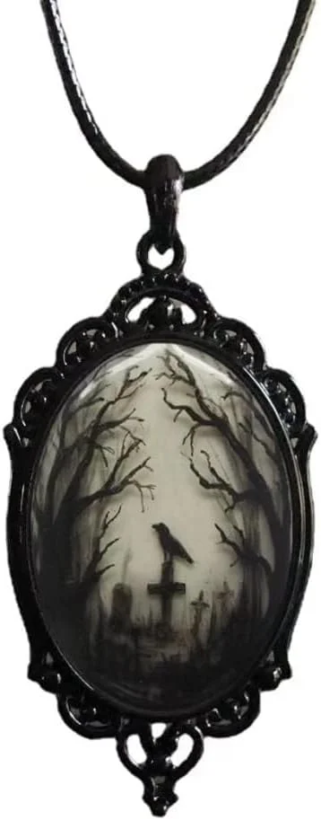 Goth raven cameo necklace pendant, gothic crow silhouette in cameo format on chain, product photo
