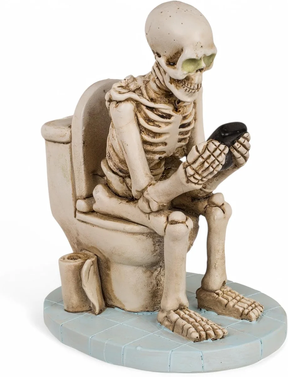 Skeleton figure seated on toilet, polyresin decorative sculpture, product photo