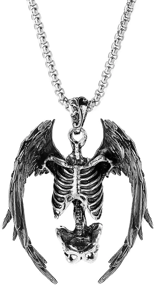 Skull pendant necklace with skeleton wings, punk gothic choker-style jewelry
