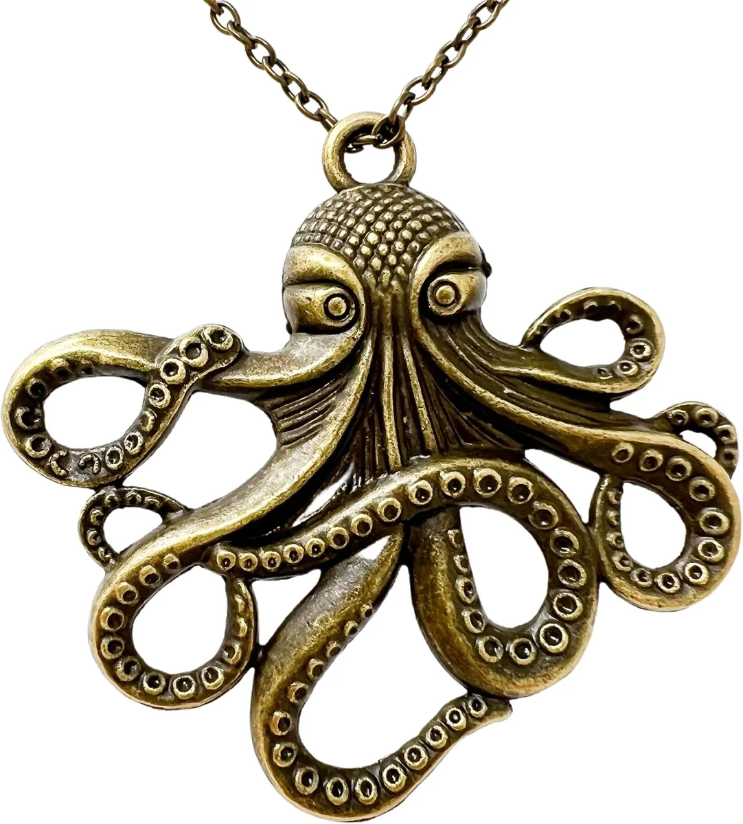 Antique-finish octopus pendant on a chain, Victorian steampunk gothic style