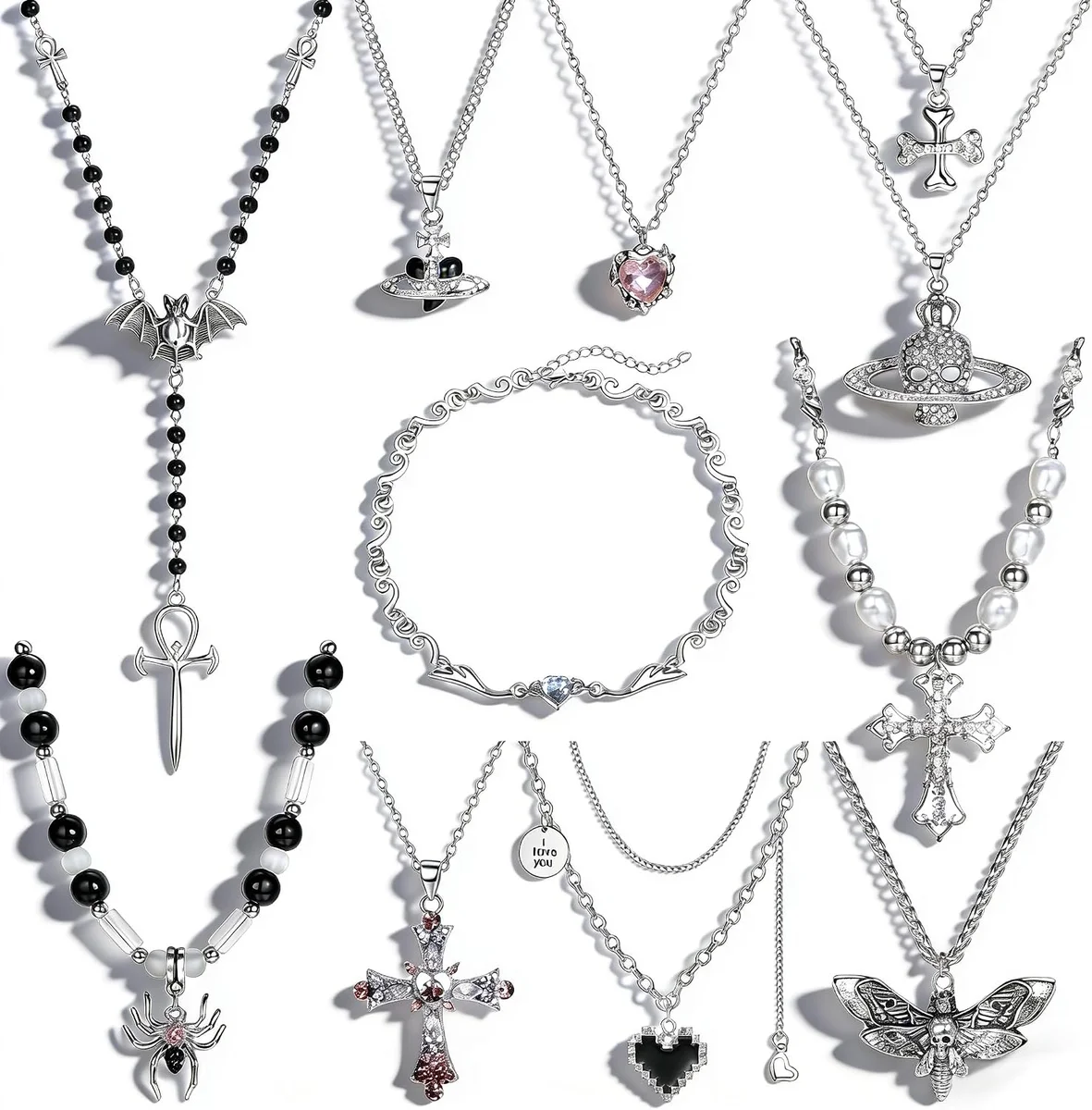 Layered pendant necklace set featuring cross, heart, bat, spider, angel wing, Saturn, and skull gothic symbols in vintage styling, marketed as statement choker pieces
