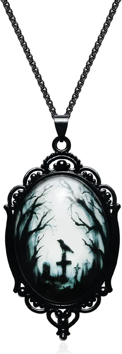 Gothic pendant necklace with a raven, rose, and bat combined into a single witch-and-vampire-style charm